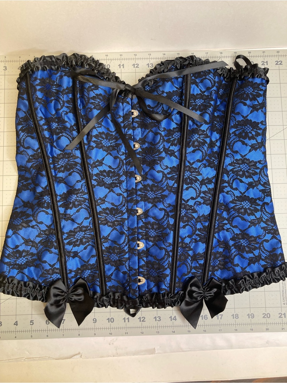Gothic Overbust Corset Blue Black Lace Ruffle Burlesque Steampunk Cosplay Ties